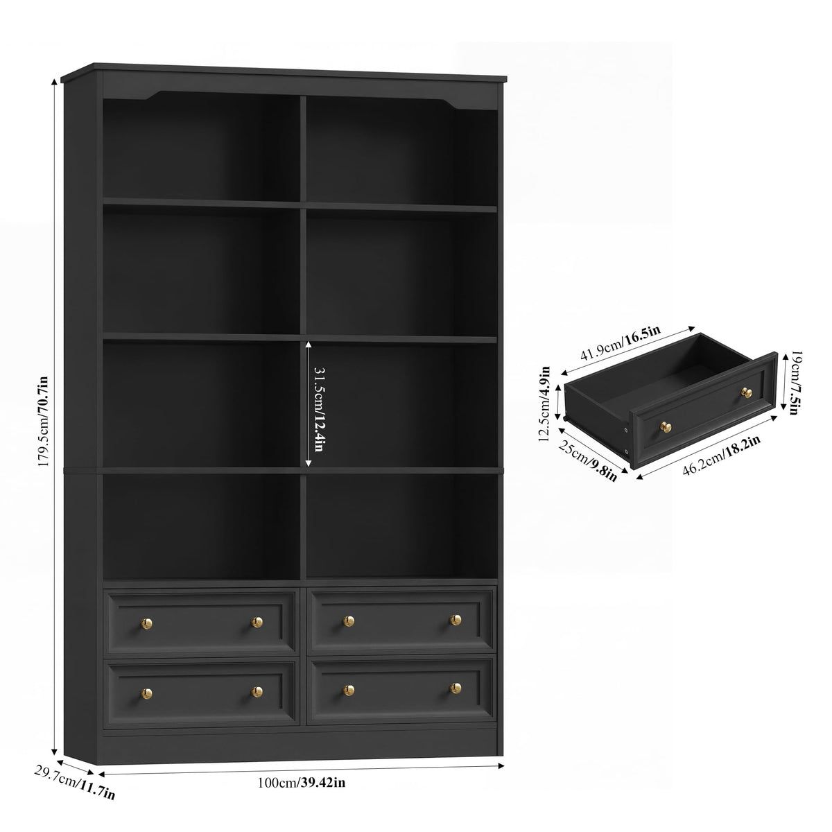 71" Tall Black Bookshelf with 4 Drawers B1104