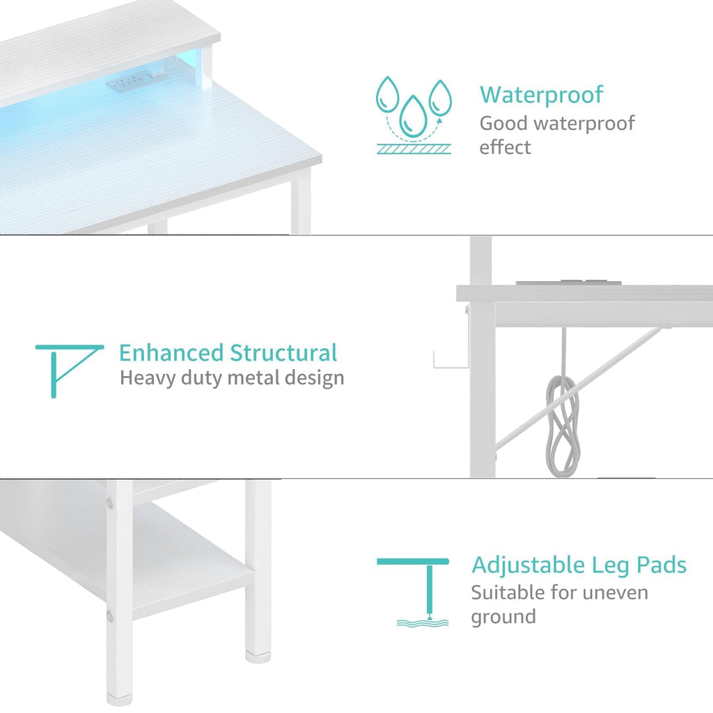 White 40 Inch Computer Desk with LED Lights and Power Outlets K597