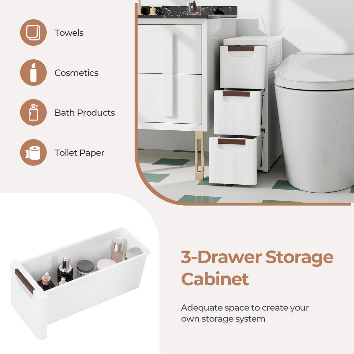 White 3 Drawer Narrow Storage Cabinet H2279