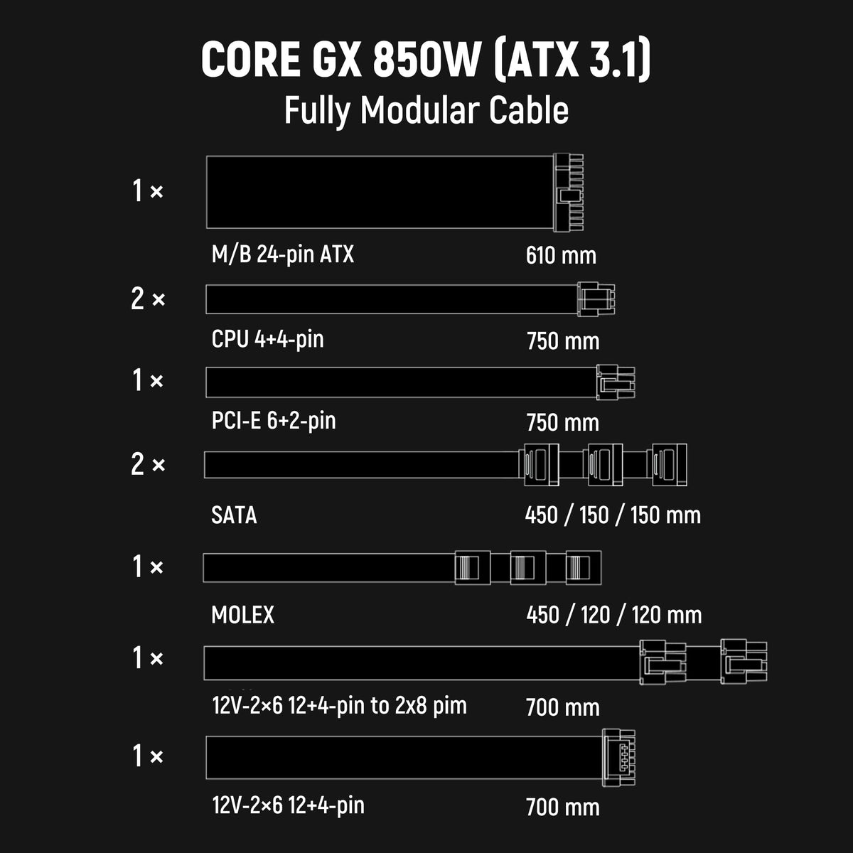 850W ATX 3.1 PCIe 5.1 Power Supply E3624
