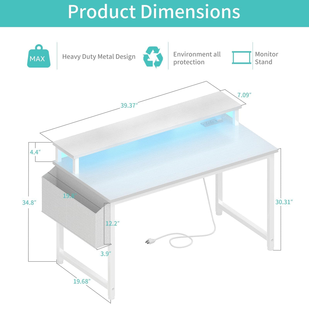 White 40 Inch Computer Desk with LED Lights and Power Outlets K597