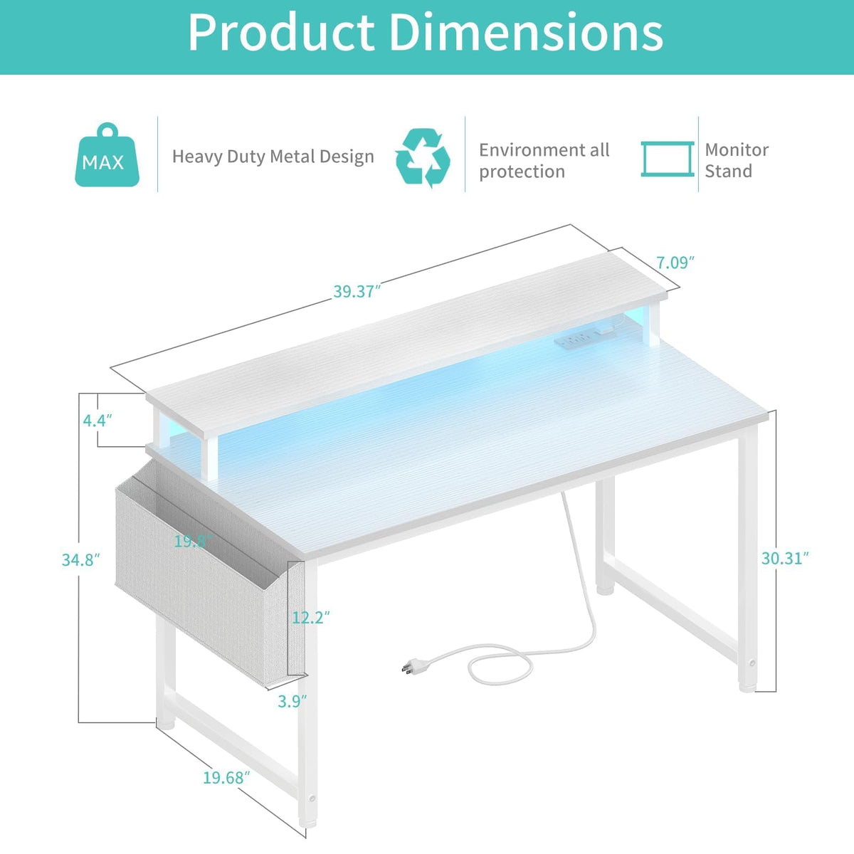 White 40 Inch Computer Desk with LED Lights and Power Outlets K597
