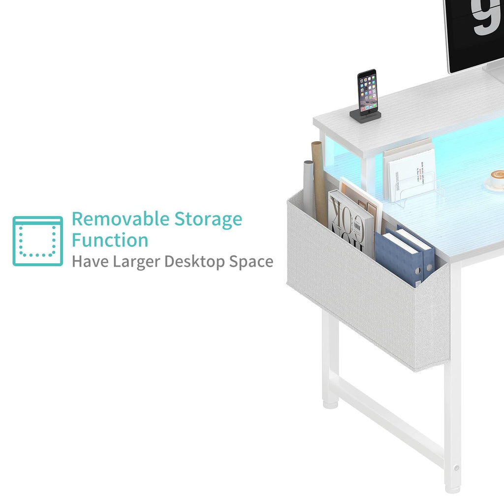 White 40 Inch Computer Desk with LED Lights and Power Outlets K597