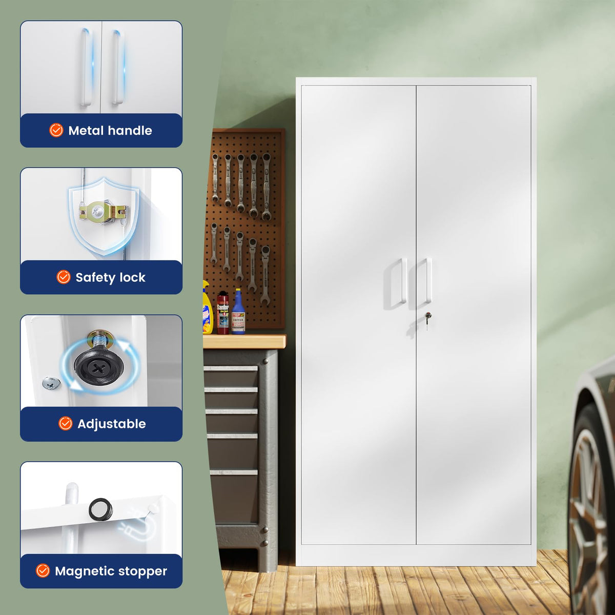 White Metal Storage Cabinet with 2 Doors and 5 Adjustable Shelves H353