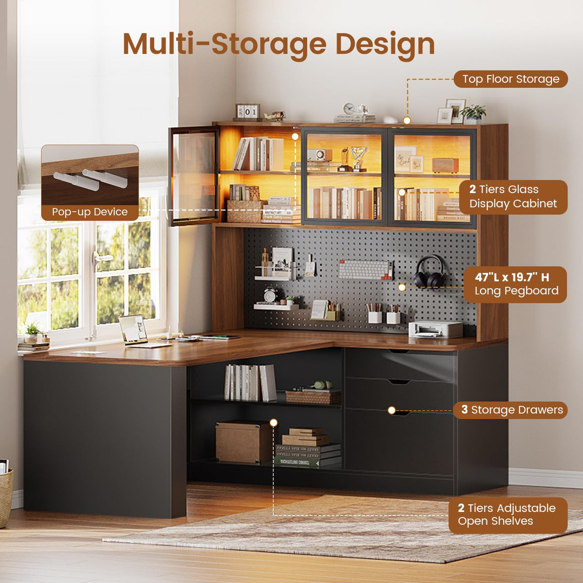 L Shaped Computer Desk with Drawer and Bookshelf V1766