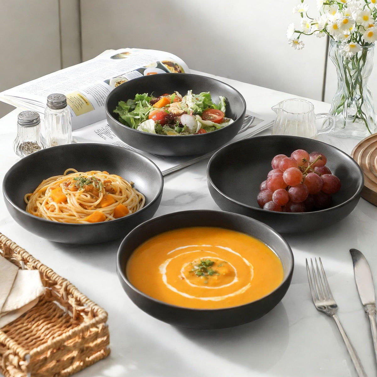 34 oz Stoneware Pasta Bowls Set of 4, Matte Black E378