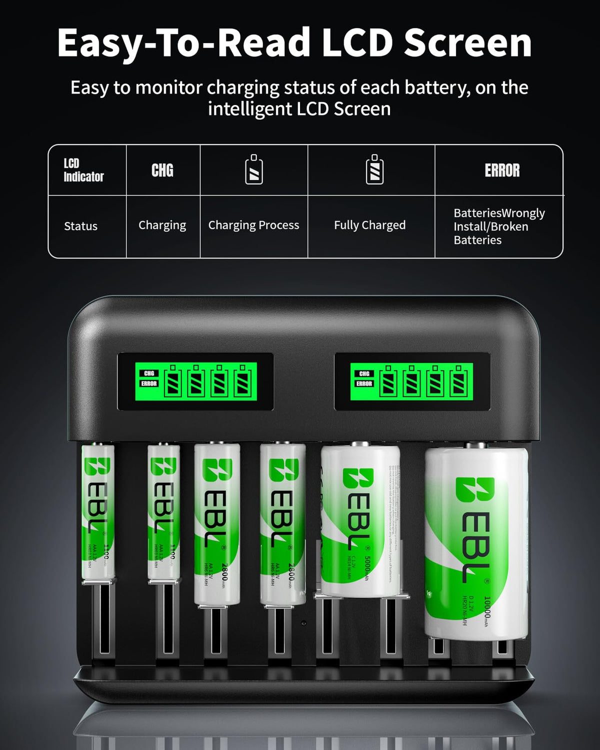 AA AAA C D Rechargeable Battery Charger with 8 PCS Batteries O78134