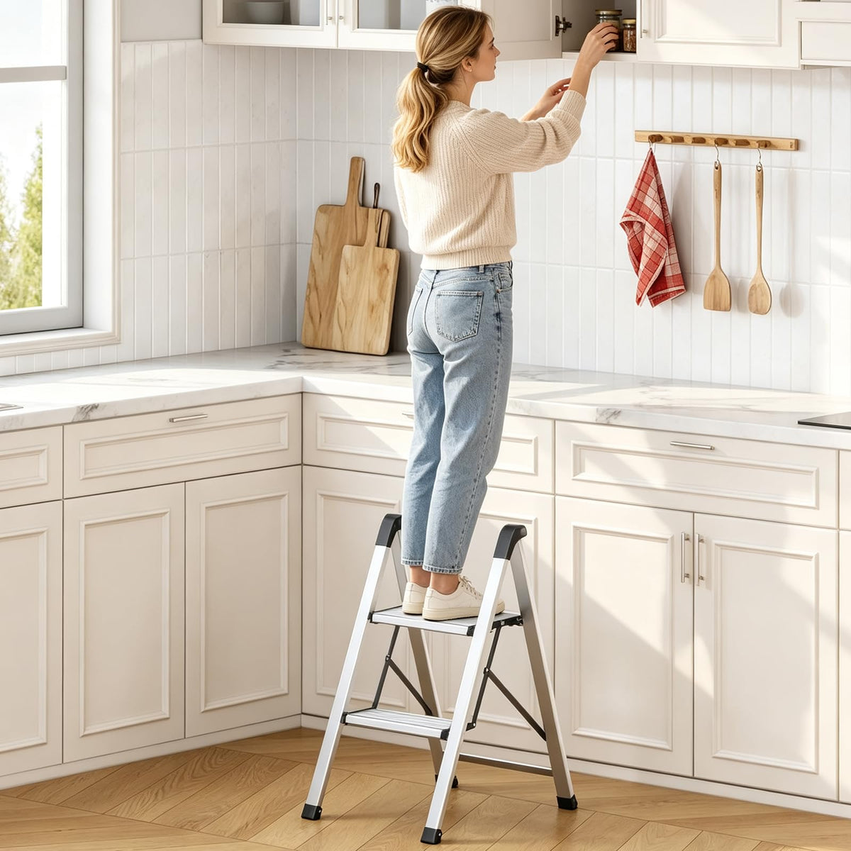 2 Step Aluminum Foldable Step Ladders 330lb Silver E4457
