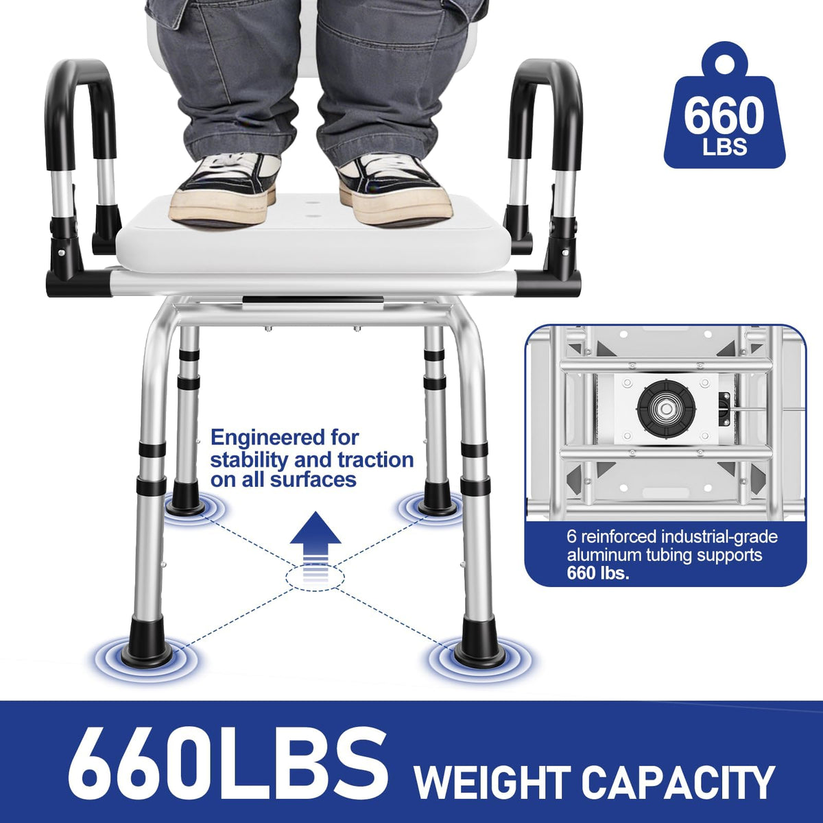 Swivel Shower Chair, 660 LBS, Adjust Height, Pivoting Arms E694