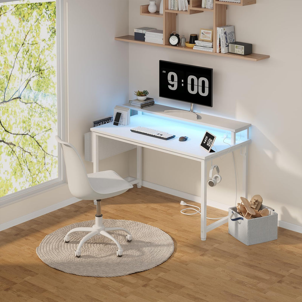 White 40 Inch Computer Desk with LED Lights and Power Outlets K597