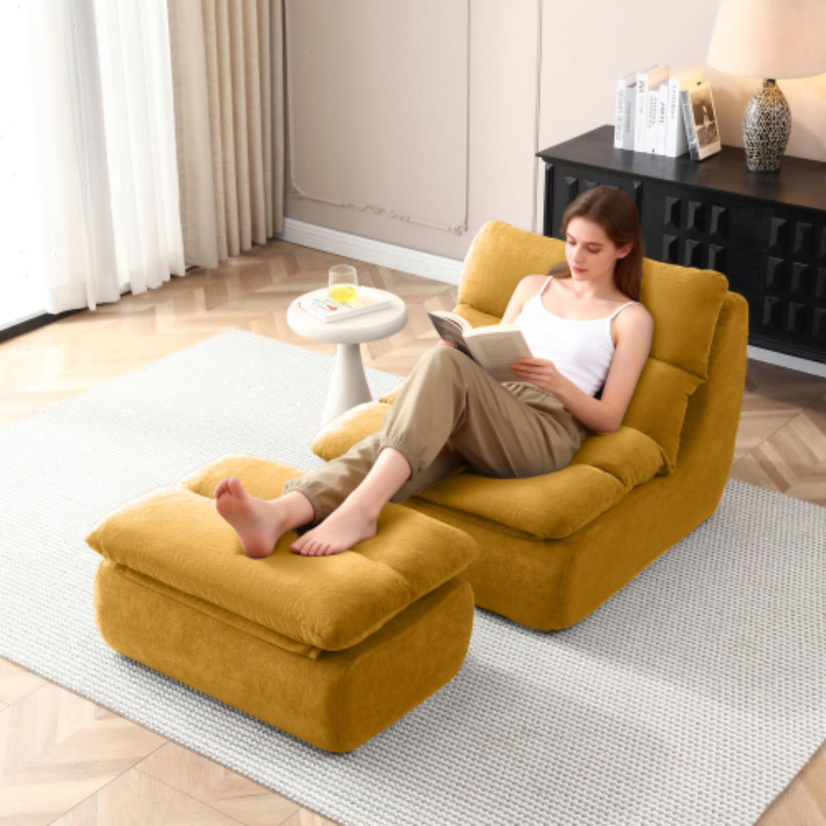 Yellow Memory Foam Bean Bag Chair with Ottoman E807