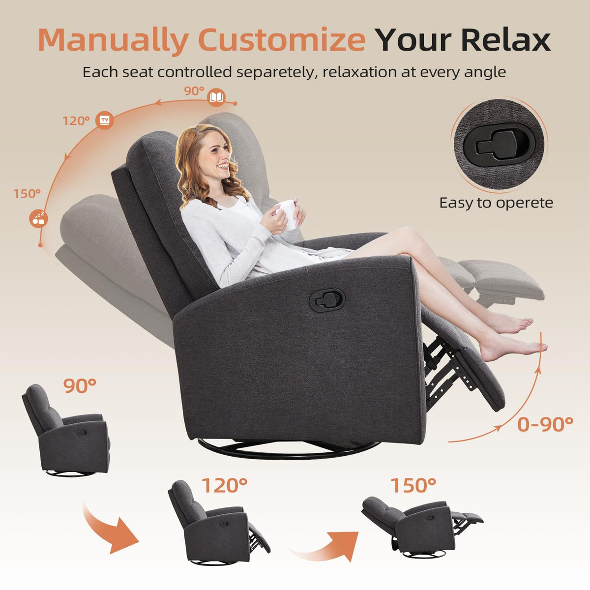 Manual Chenille Swivel Rocker Recliner A93025