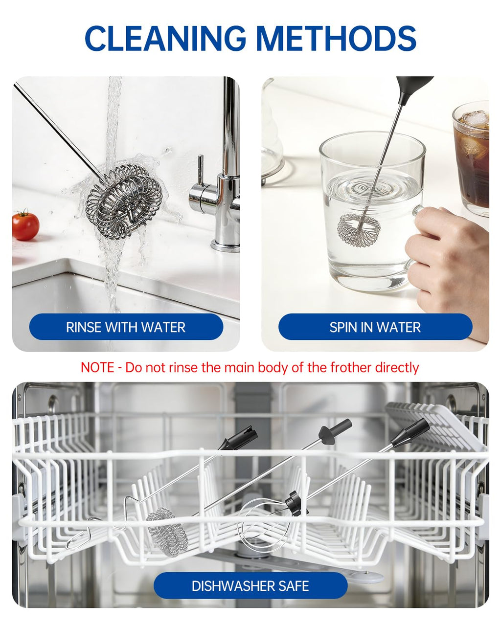Rechargeable Handheld Milk Frother Wand with 3 Whisks and Storage Box H985488