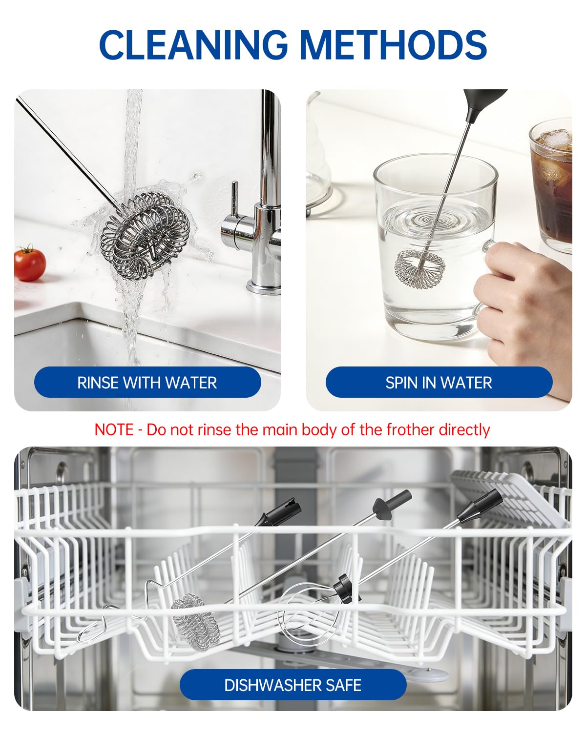 Rechargeable Handheld Milk Frother Wand with 3 Whisks and Storage Box H985488