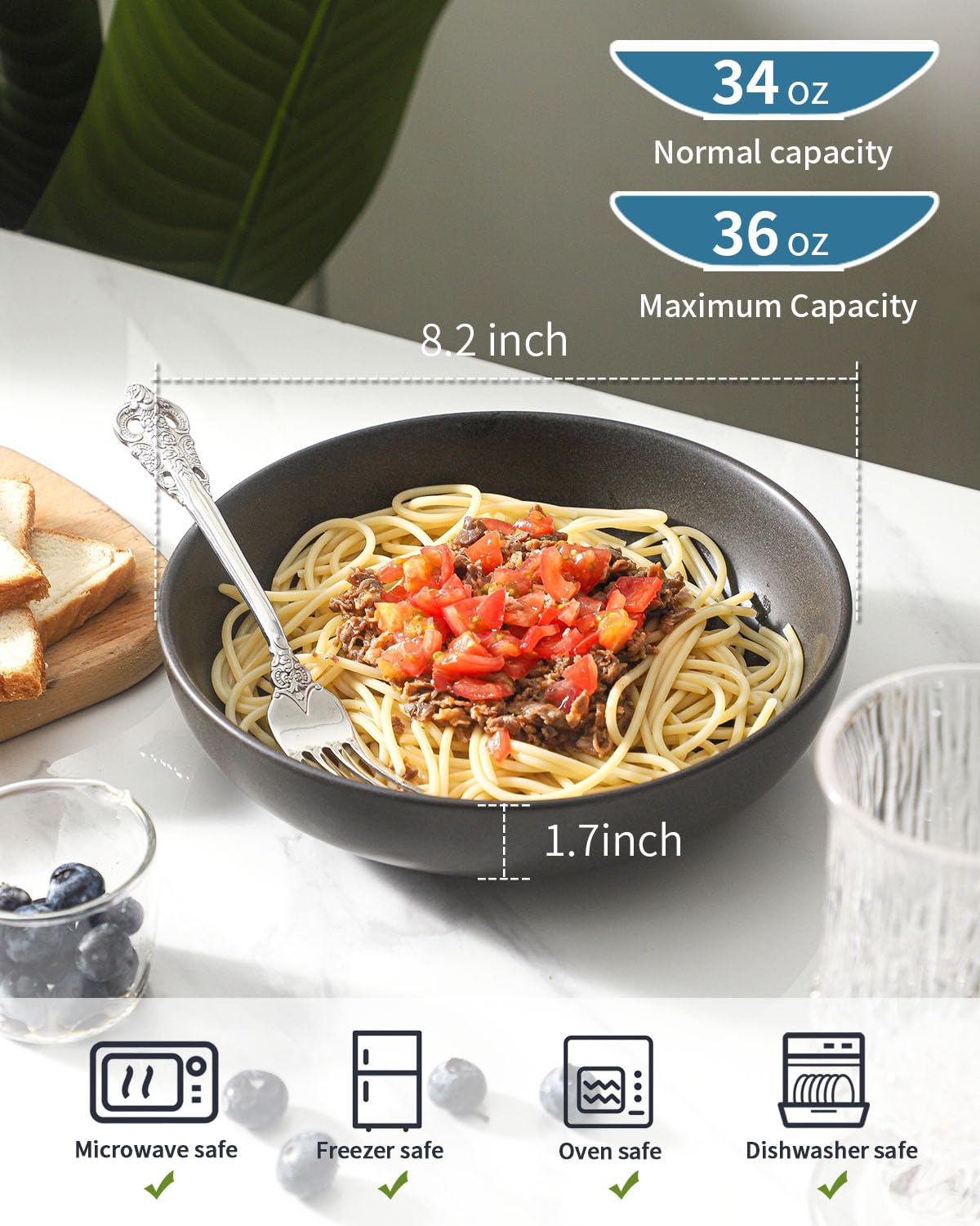34 oz Stoneware Pasta Bowls Set of 4, Matte Black E378