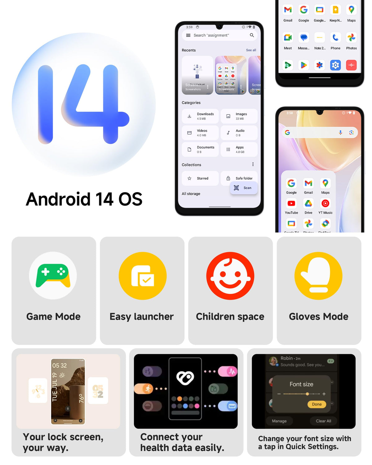 Unlocked Smartphone 8GB+128GB 6.75" 90Hz Android 14 50MP Camera 6000mAh White K240361