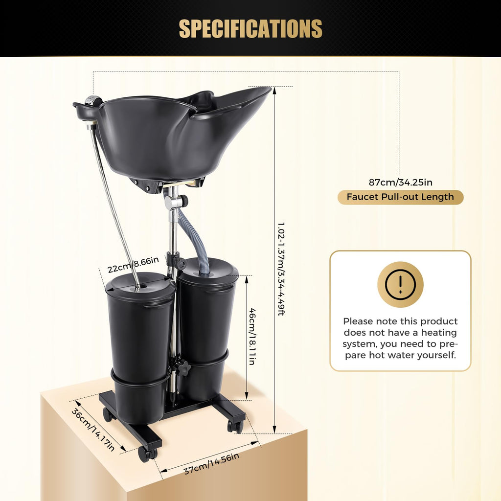 Portable Shampoo Bowl with Electric Pump, Adjustable Height, 2 Buckets, Black A2311