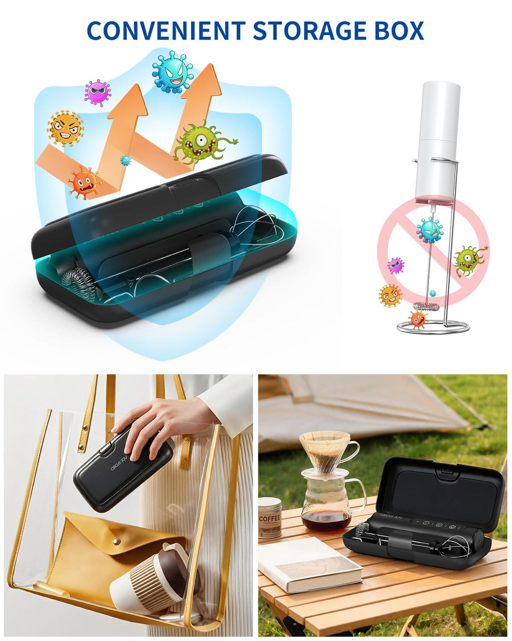 Rechargeable Handheld Milk Frother Wand with 3 Whisks and Storage Box H985488