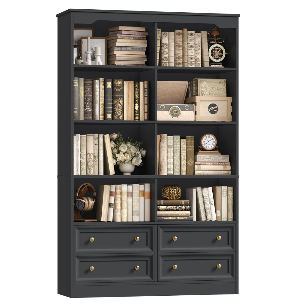 71" Tall Black Bookshelf with 4 Drawers B1104