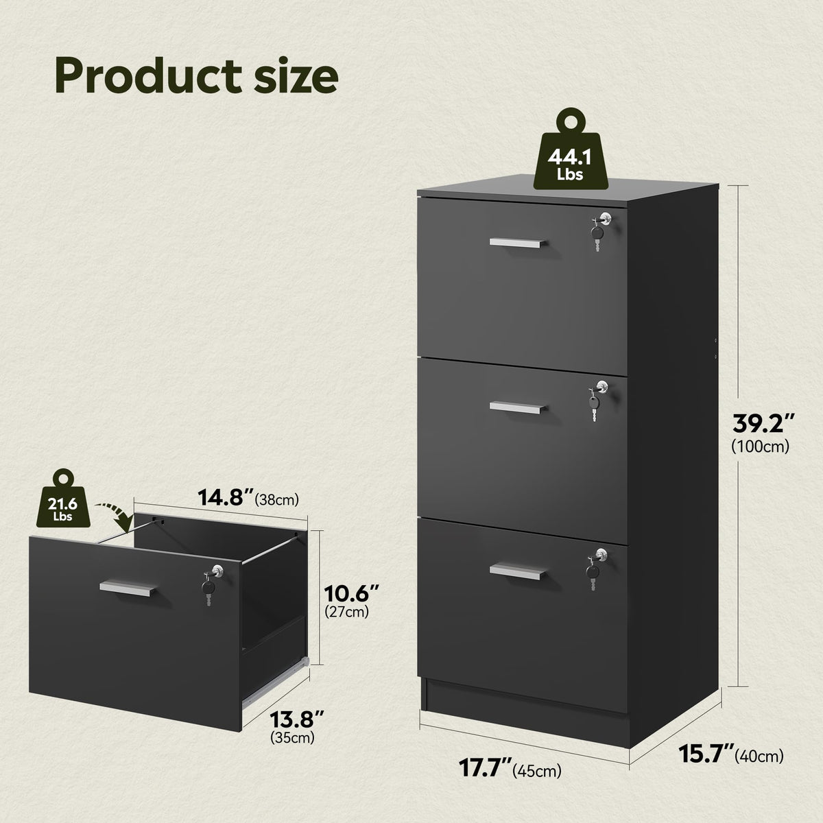 3 Drawer Wood File Cabinet with Lock L9968