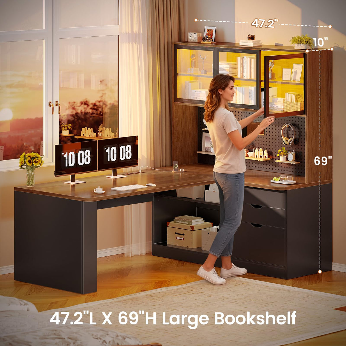 L Shaped Computer Desk with Drawer and Bookshelf V1766