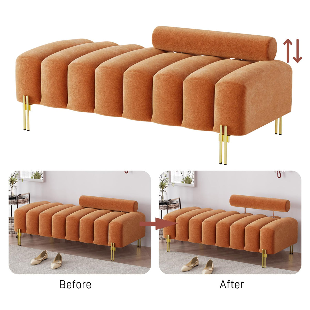 Velvet Upholstered Bench Ottoman with Adjustable Backrest C2899