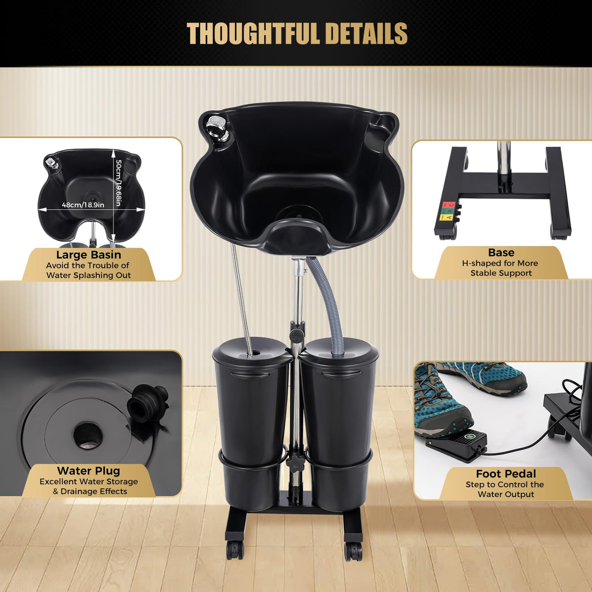 Portable Shampoo Bowl with Electric Pump, Adjustable Height, 2 Buckets, Black A2311