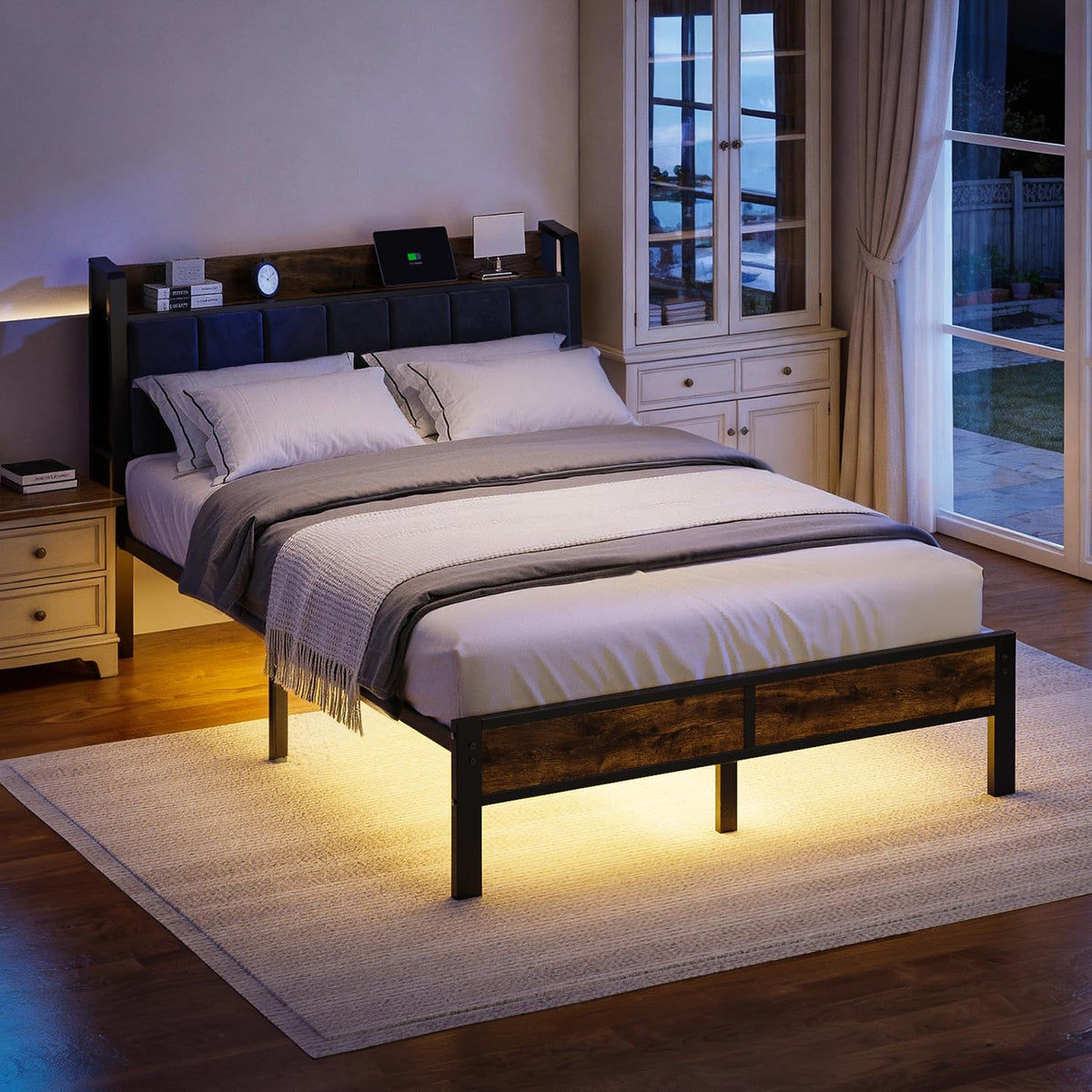 Full Size Bed Frame with LED Light and Charging Station B89966