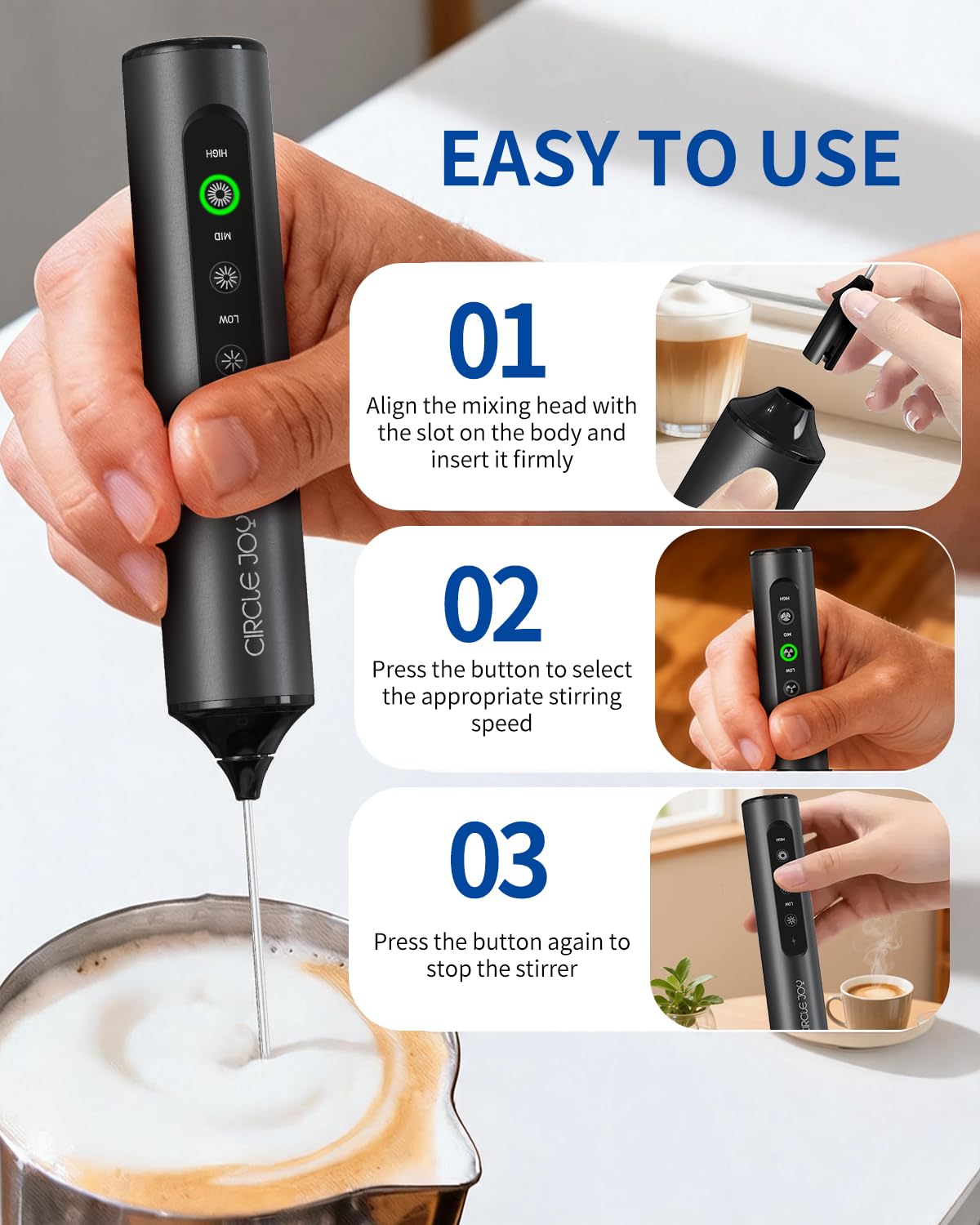 Rechargeable Handheld Milk Frother Wand with 3 Whisks and Storage Box H985488