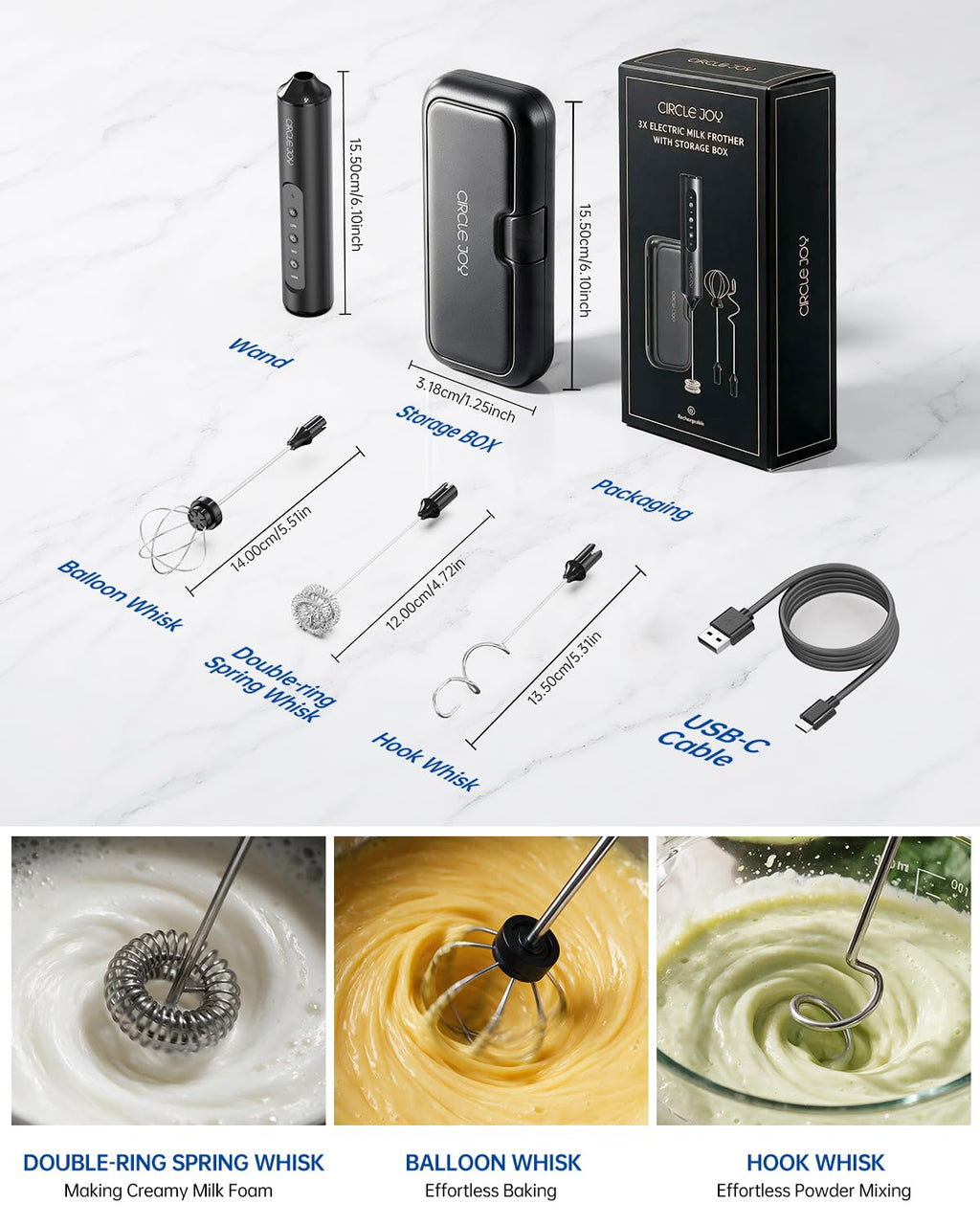 Rechargeable Handheld Milk Frother Wand with 3 Whisks and Storage Box H985488