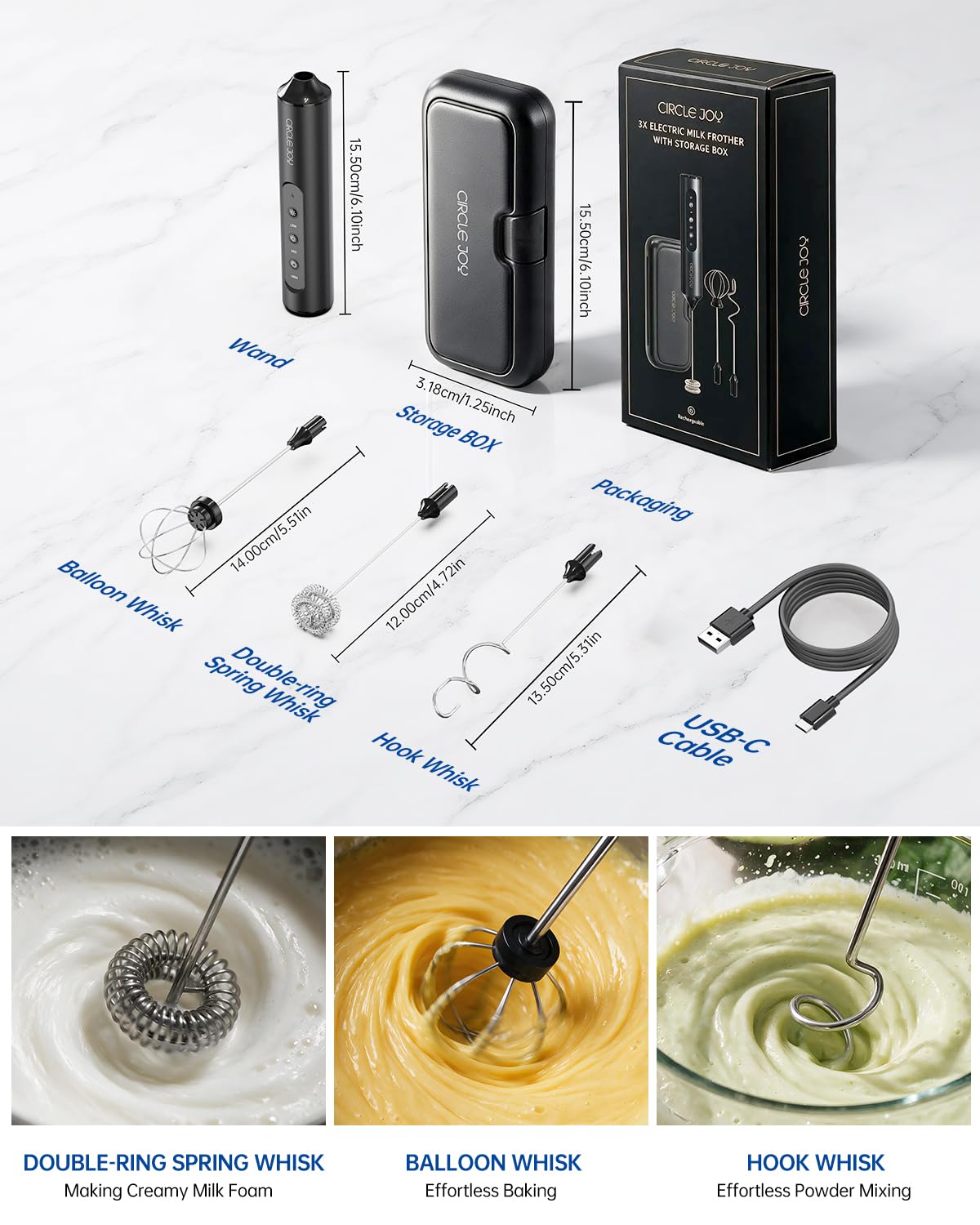 Rechargeable Handheld Milk Frother Wand with 3 Whisks and Storage Box H985488