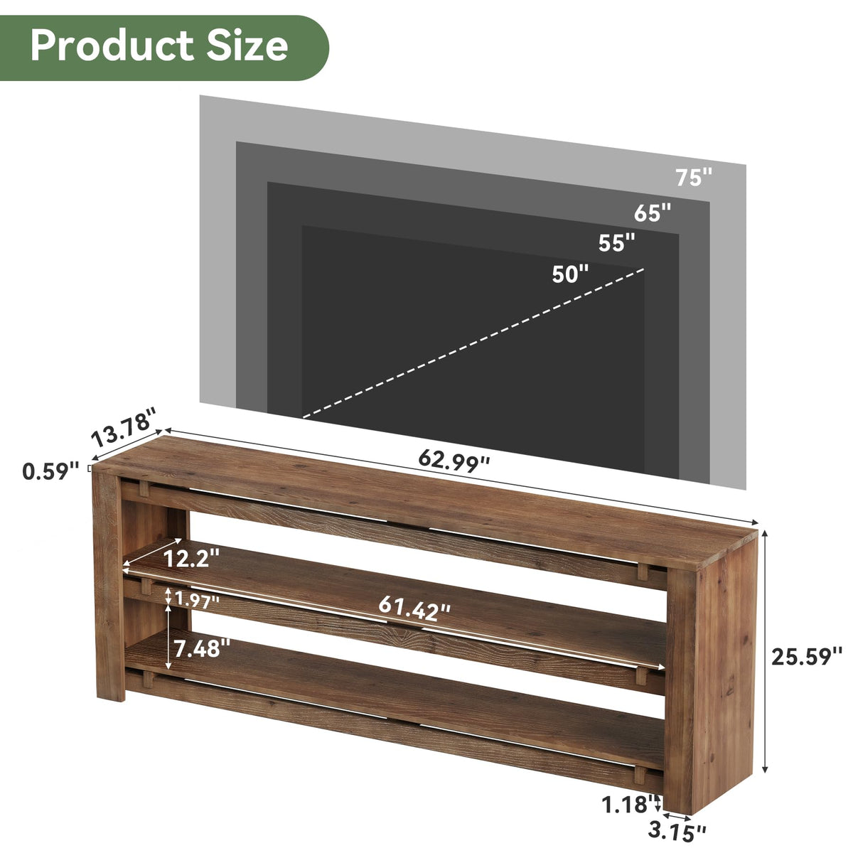 63" Solid Wood 3-Tier TV Stand H552