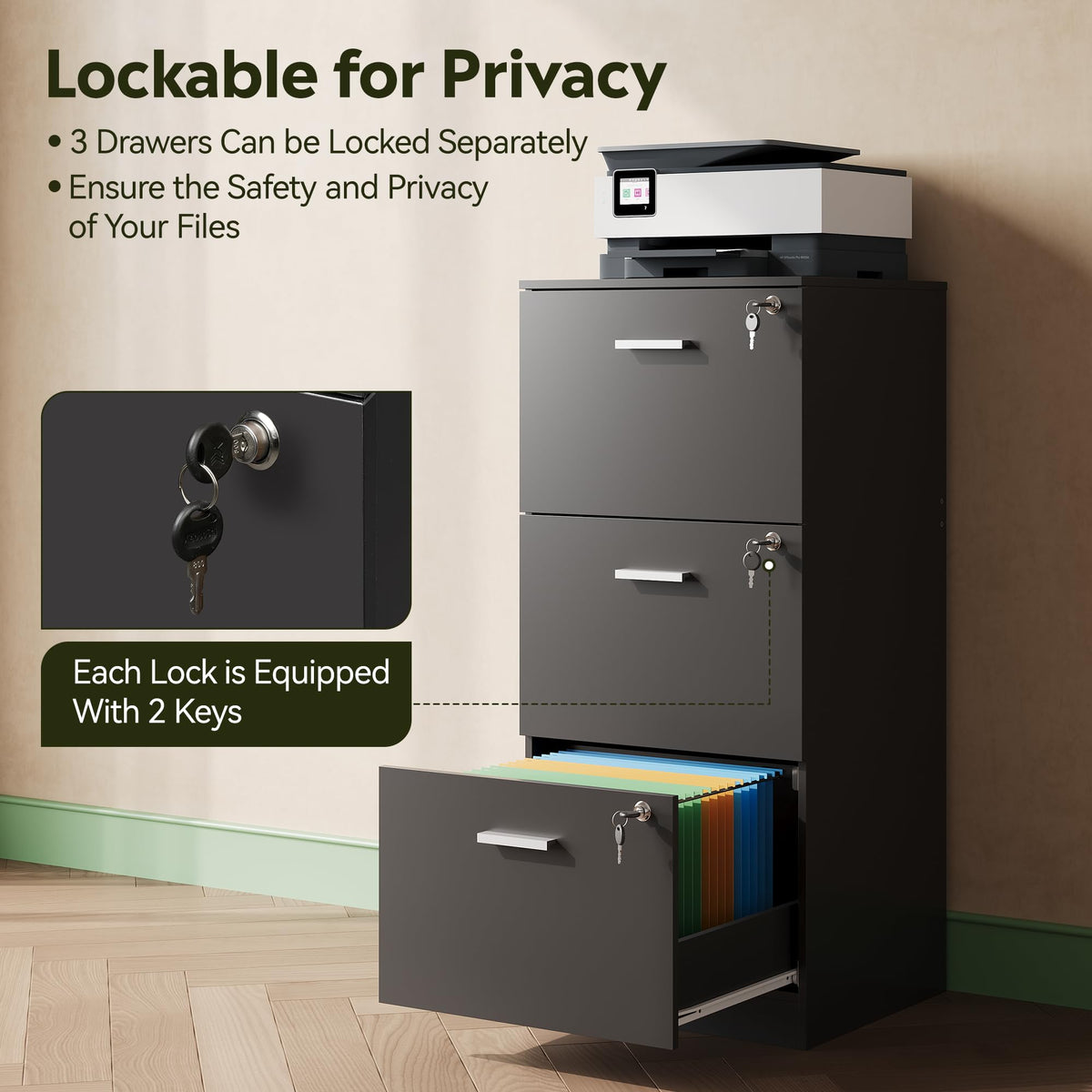 3 Drawer Wood File Cabinet with Lock L9968