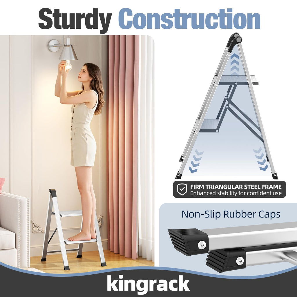 2 Step Aluminum Foldable Step Ladders 330lb Silver E4457