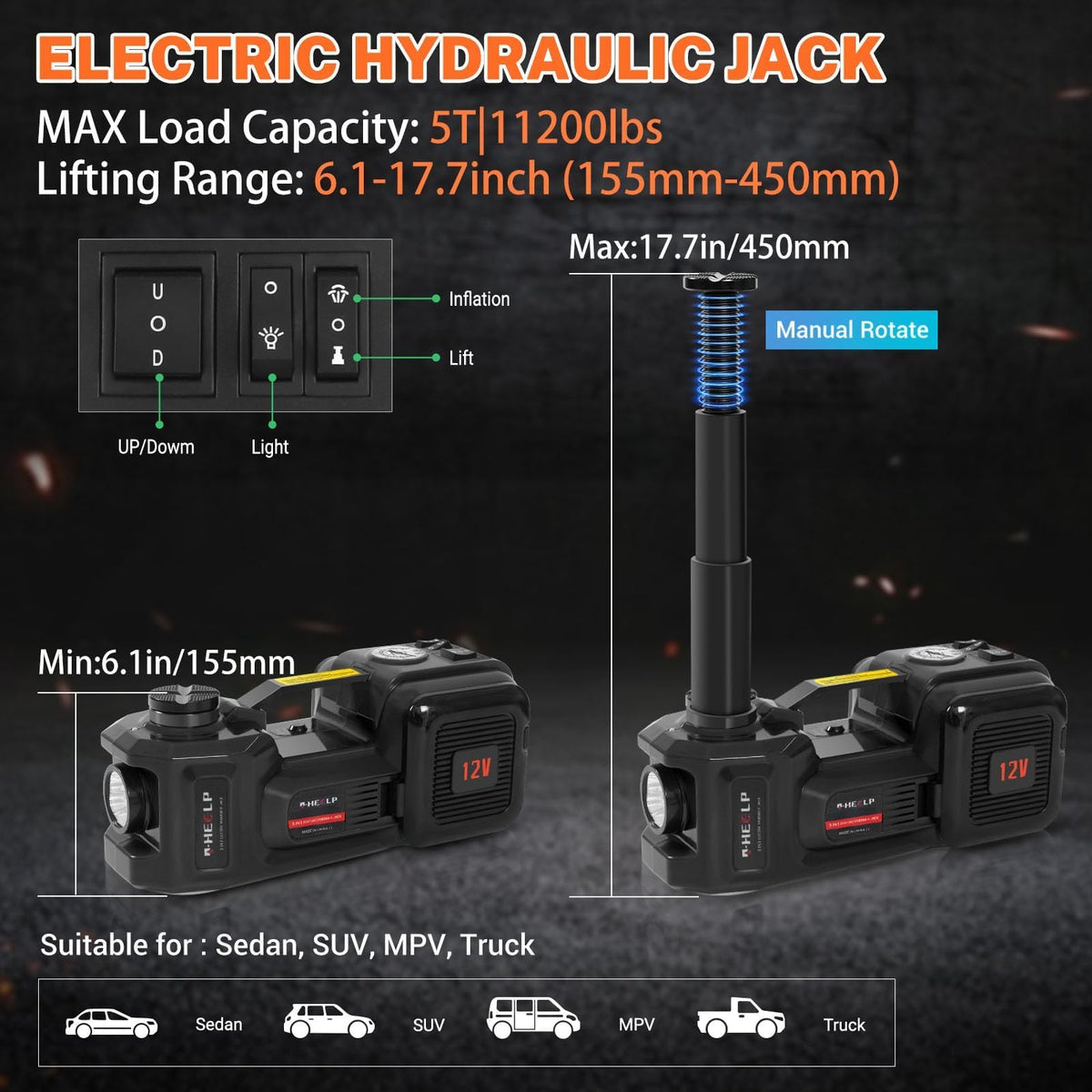 5Ton 12V Hydraulic Electric Car Jack Kit with Impact Wrench B417879