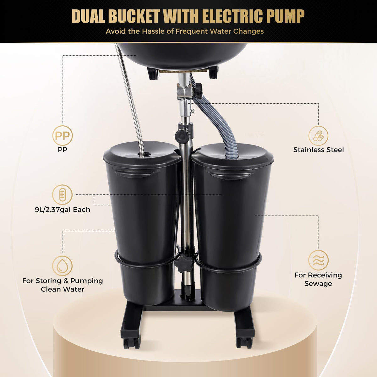 Portable Shampoo Bowl with Electric Pump, Adjustable Height, 2 Buckets, Black A2311