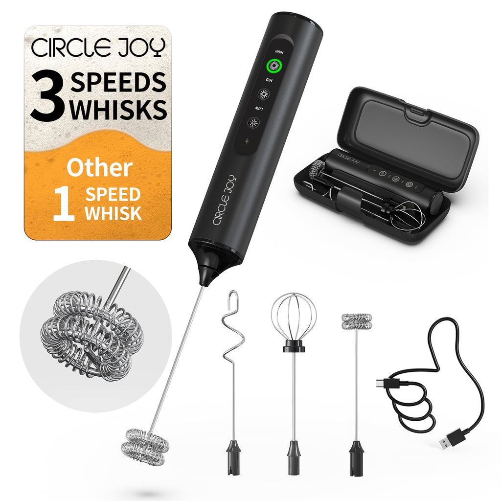 Rechargeable Handheld Milk Frother Wand with 3 Whisks and Storage Box H985488