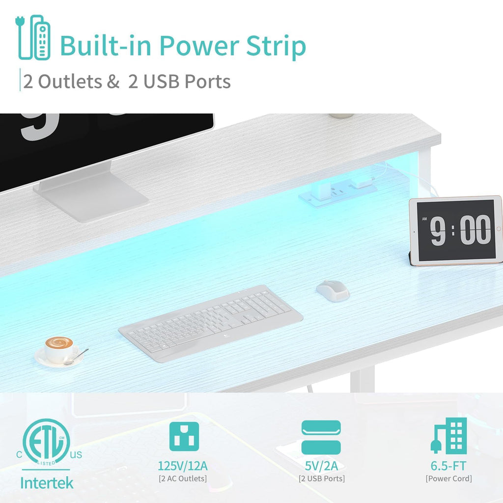 White 40 Inch Computer Desk with LED Lights and Power Outlets K597