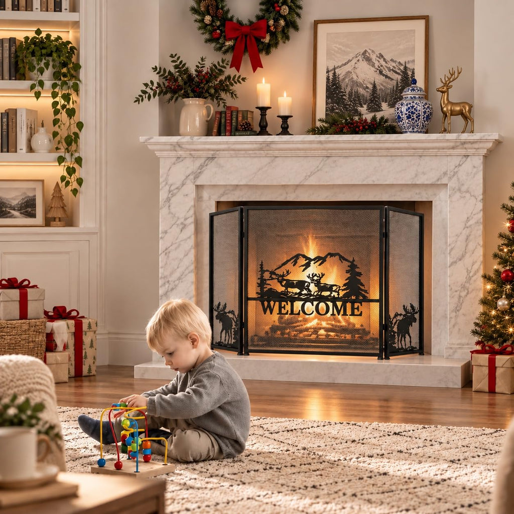 Foldable Fireplace Screen with Moose Pattern F2947