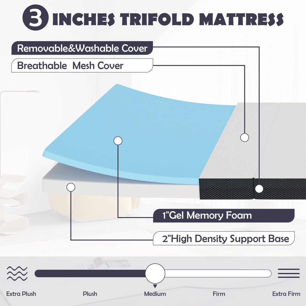 Memory Foam Folding Mattress Full 3 Inch Trifold with Washable Cover D30885