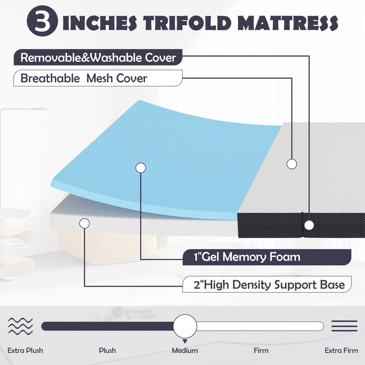 Memory Foam Folding Mattress Full 3 Inch Trifold with Washable Cover D30885