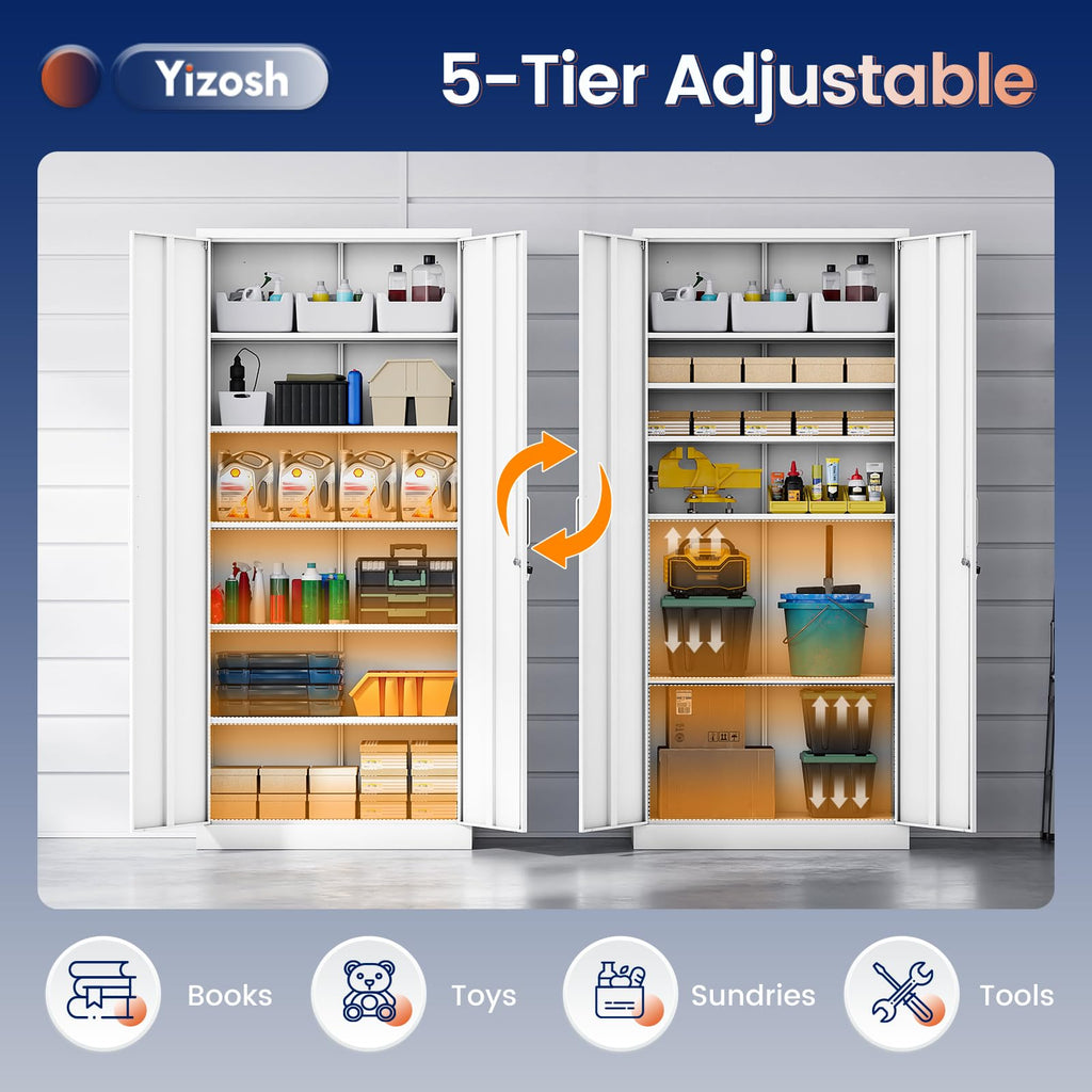 White Metal Storage Cabinet with 2 Doors and 5 Adjustable Shelves H353