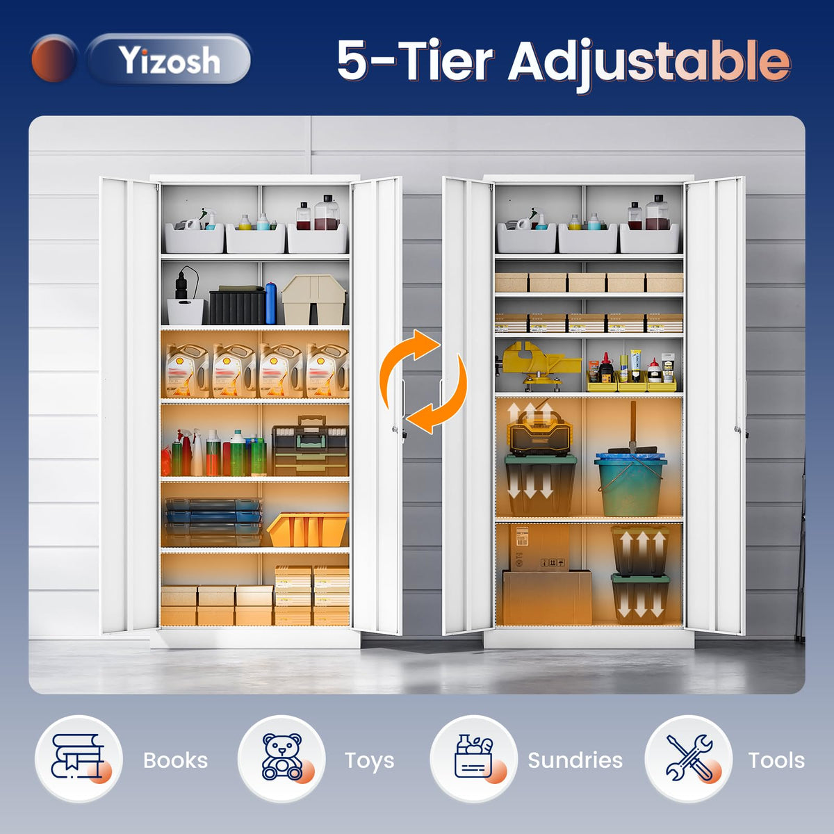 White Metal Storage Cabinet with 2 Doors and 5 Adjustable Shelves H353