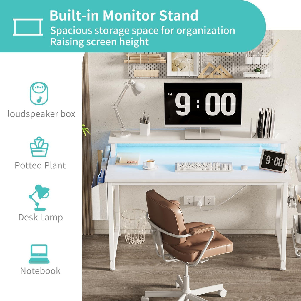 White 40 Inch Computer Desk with LED Lights and Power Outlets K597