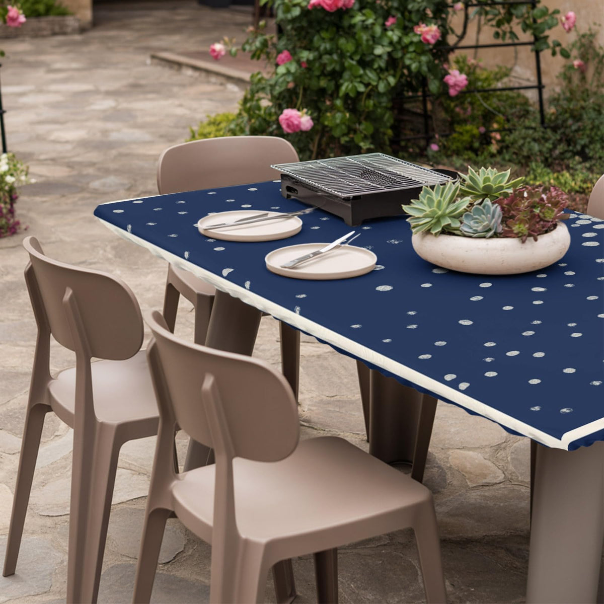 Silver Speckle Fitted Rectangle Tablecloth 32" x 72" Navy Blue Elastic Waterproof Table Cover M620