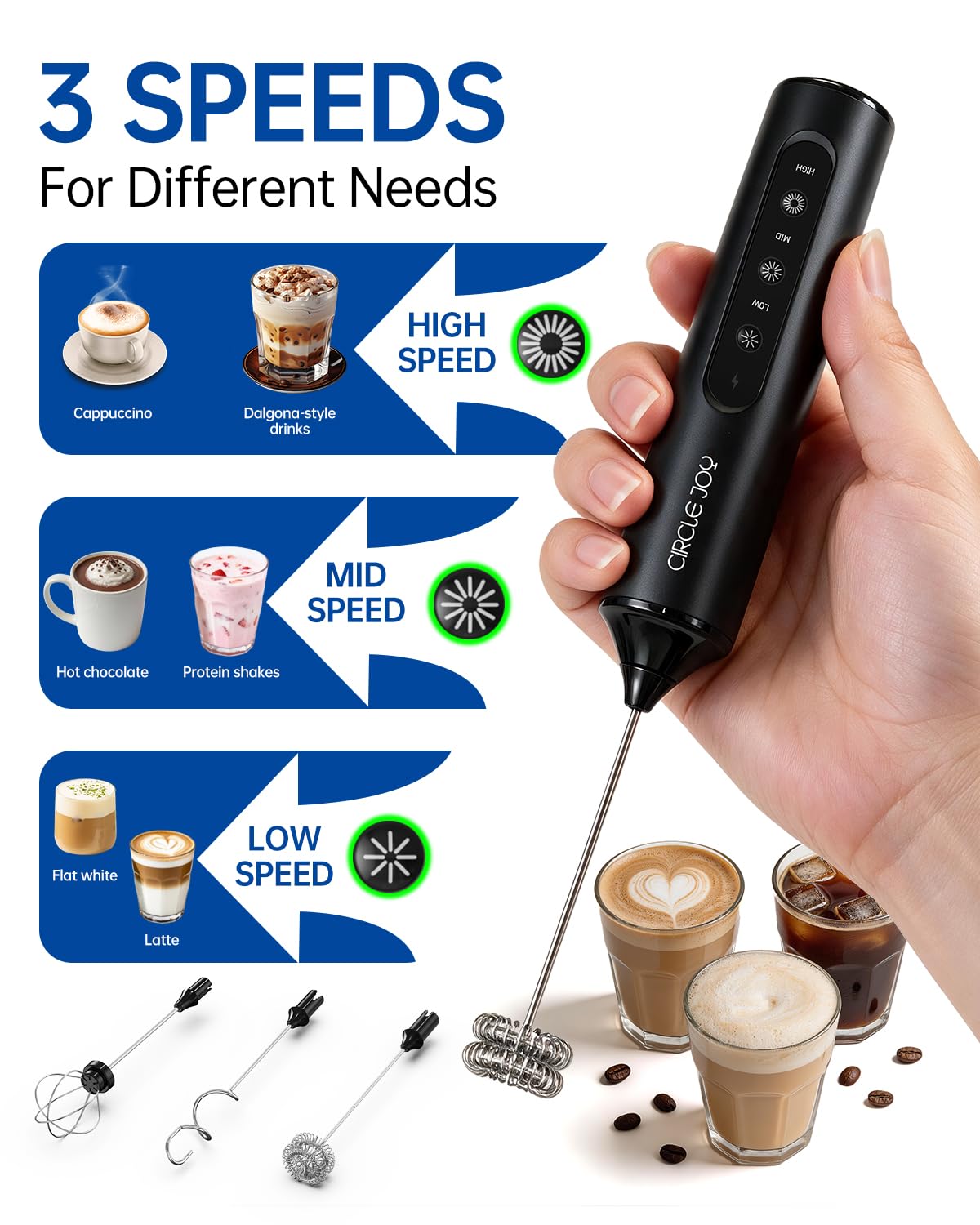 Rechargeable Handheld Milk Frother Wand with 3 Whisks and Storage Box H985488