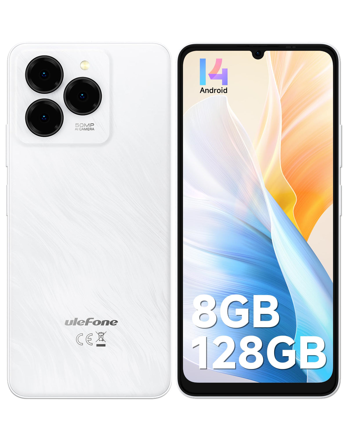 Unlocked Smartphone 8GB+128GB 6.75" 90Hz Android 14 50MP Camera 6000mAh White K240361