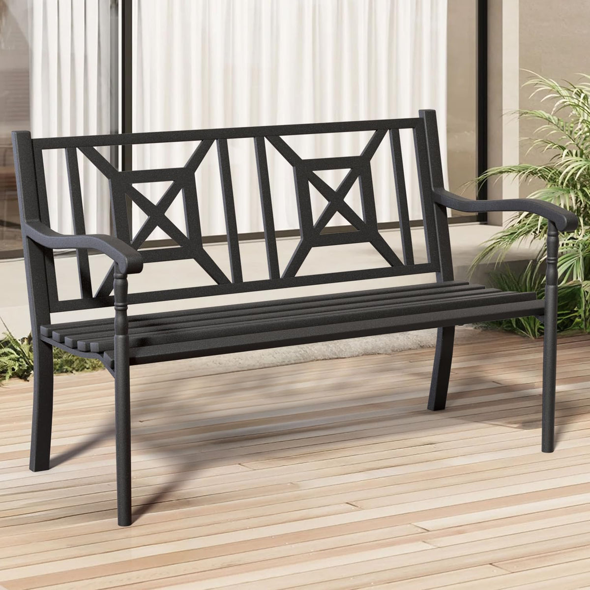 50.5" Metal Patio Bench with Lattice Backrest K51287