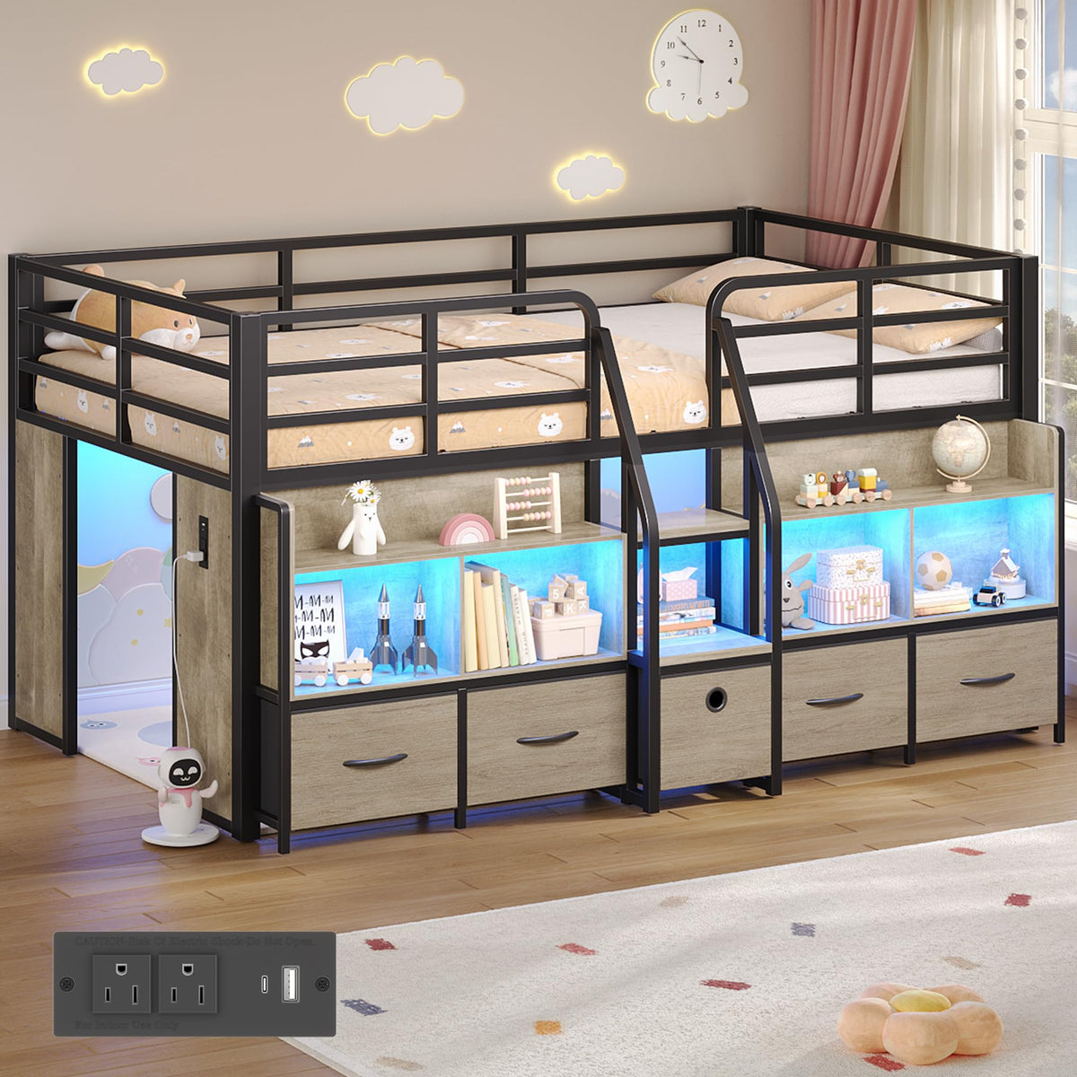 Twin Size Low Loft Bed with Storage Y653