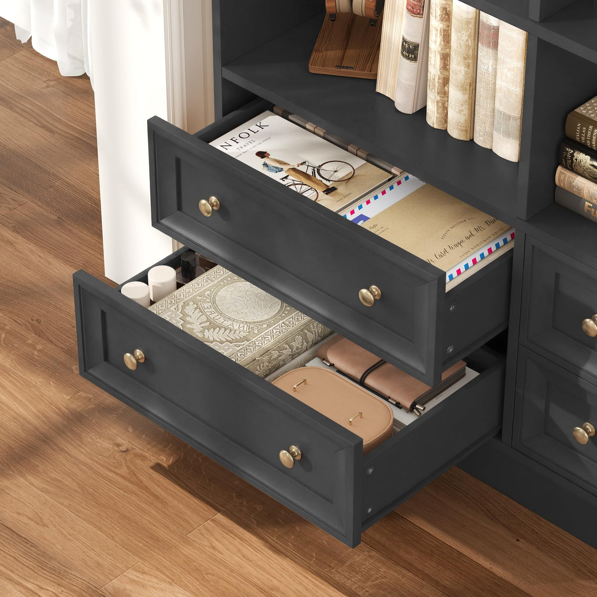 71" Tall Black Bookshelf with 4 Drawers B1104